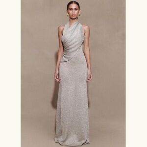 Meshki Silver Halter Draped Maxi Gown